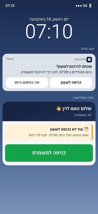 תזכורת פוש לעובד שעוד לא נכנס לשעון