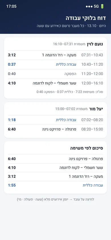 דוח קטעי עבודה, עם השעות של כל משימה וסיכום לפי משימה